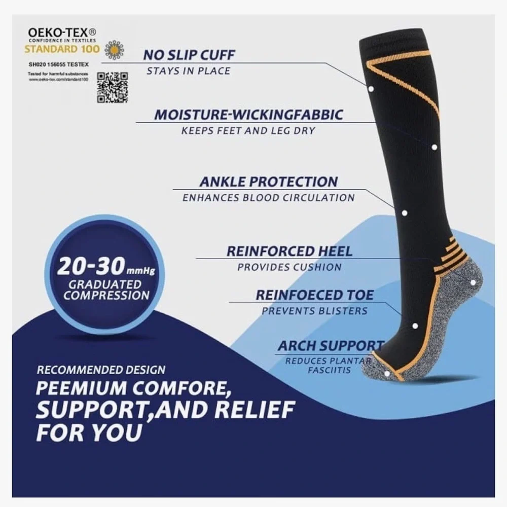 Black + Neon Accent Compression Socks, 20-30mmHg compression (1 pair)